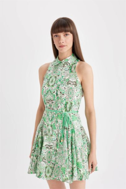 A Cut Shirt Collar Patterned Voile Sleeveless Mini Dress