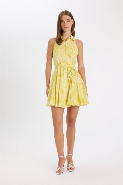 A-Cut V Neck Printed Voile Sleeveless Mini Dress