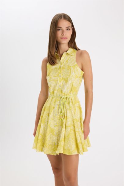 A-Cut V Neck Printed Voile Sleeveless Mini Dress