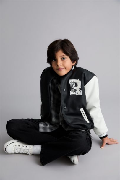 Boy College Collar Waterproof Zippered Faux Leather Bomber Jacket