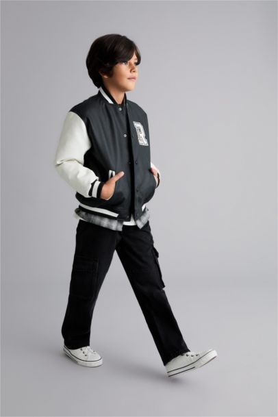 Boy College Collar Waterproof Zippered Faux Leather Bomber Jacket
