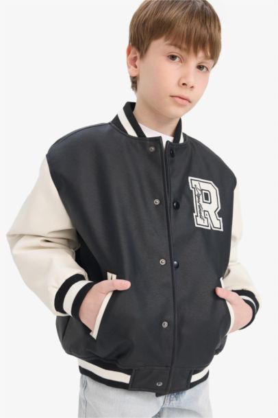 Boy College Collar Waterproof Zippered Faux Leather Bomber Jacket