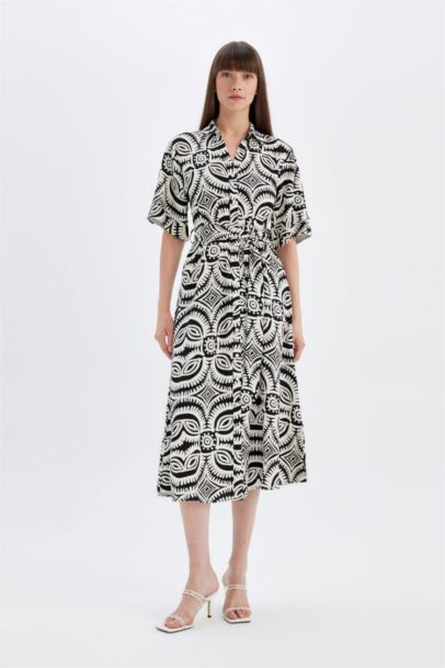 Shirt Collar Patterned Linen Blend Half Sleeve Midi Dress