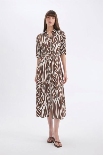 Shirt Collar Patterned Linen Blend Midi Dress