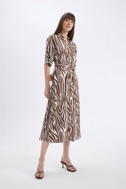 Shirt Collar Patterned Linen Blend Midi Dress