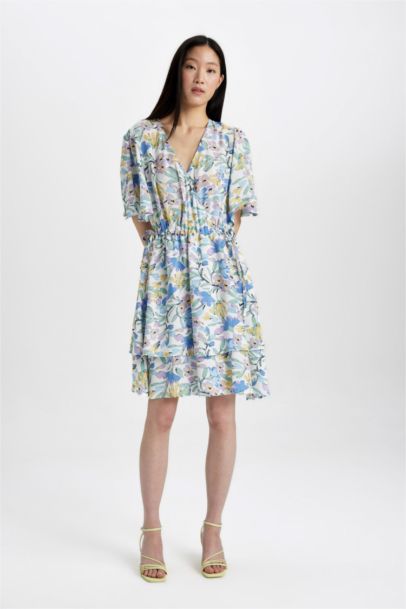 Wrap Collar Patterned Half Sleeve Mini Dress