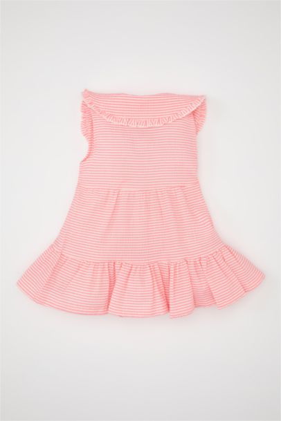 فستان مخطط بوبلين قصة عادية بدون كم برقبة كبيرة