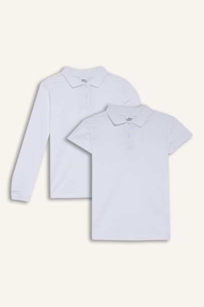 Okul Polo Yaka Basic Düz Pike 2'li Tişört Kız Çocuk