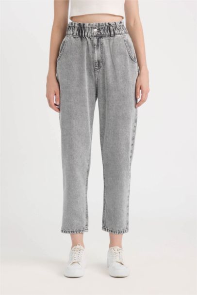 Pantalon Jean Paperbag délavé à taille haute et longueur cheville