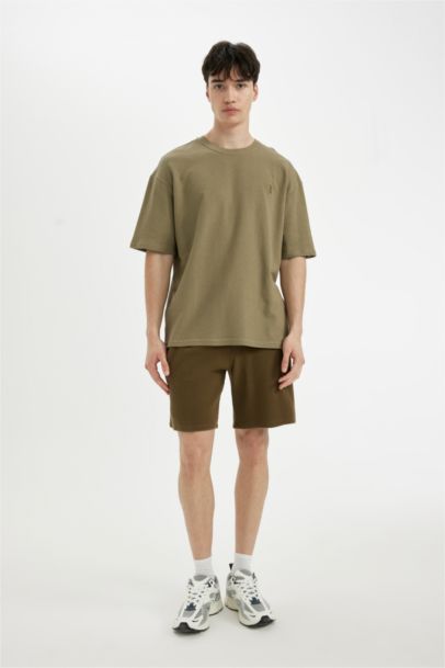 %100 Pamuk Relax Fit Petek Dokulu Cepli Bermuda Şort