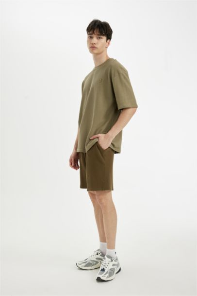 %100 Pamuk Relax Fit Petek Dokulu Cepli Bermuda Şort