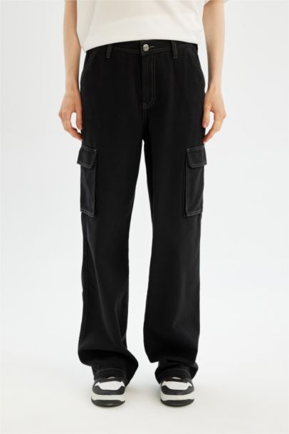 Straight Fit High Waist Gabardine Cargo Pants
