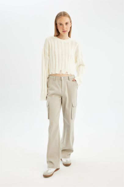 Straight Fit High Waist Gabardine Cargo Pants