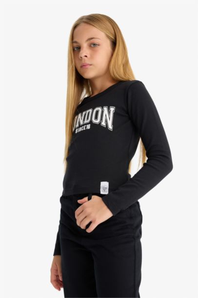 تيشيرت بناتي ردن طويل مضلع بطبعة شعار سليم فيت بياخة مستديرة