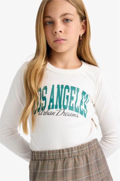 Girl Slim Fit Slogan Printed Ribbed Long Sleeve T-Shirt