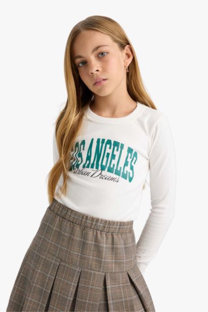 Girl Slim Fit Slogan Printed Ribbed Long Sleeve T-Shirt