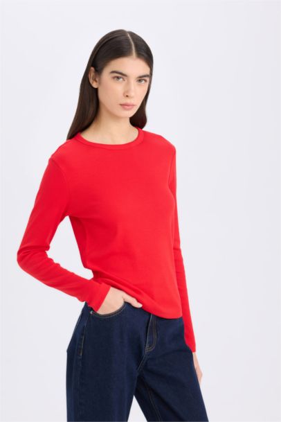 تيشيرت كاجوال ردن طويل مضلع سليم فيت بياخة مستديرة