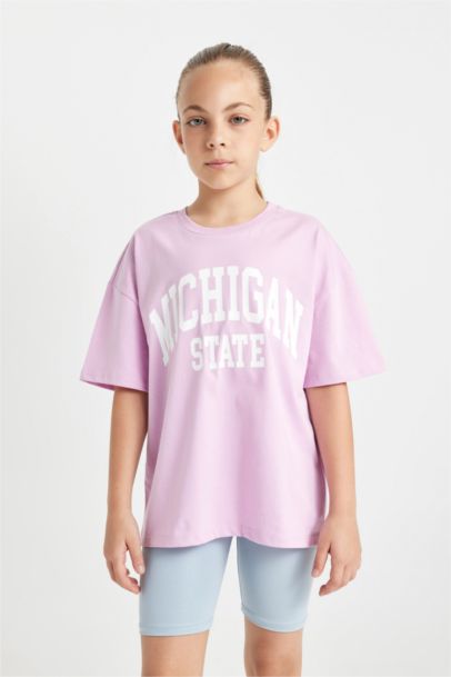 تيشيرت بناتي نص كم اوفر سايز برقبة مستديرة