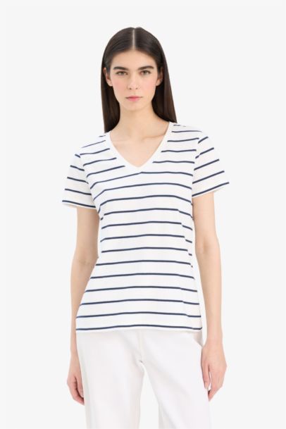 Relax Fit V Neck Striped T-Shirt