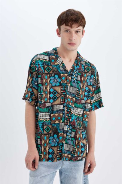 Regular Fit Printed Viscose Short Sleeve Shirt
