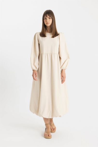 Balloon Fit Crew Neck Poplin Long Sleeve Maxi Dress