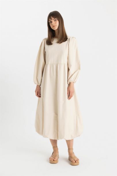 Balloon Fit Crew Neck Poplin Long Sleeve Maxi Dress