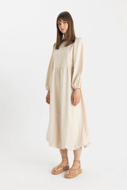 Balloon Fit Crew Neck Poplin Long Sleeve Maxi Dress