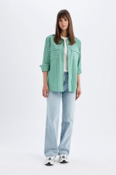 Relax Fit Shirt Collar Printed Poplin Long Sleeve Tunic