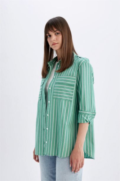 Relax Fit Shirt Collar Printed Poplin Long Sleeve Tunic