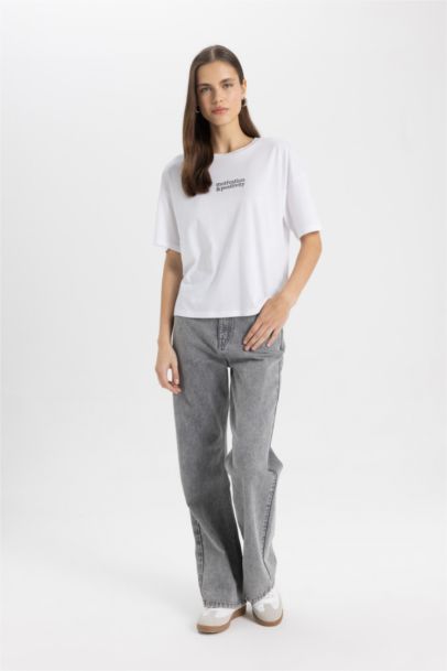 Relax Fit Crew Neck Slogan Printed T-Shirt