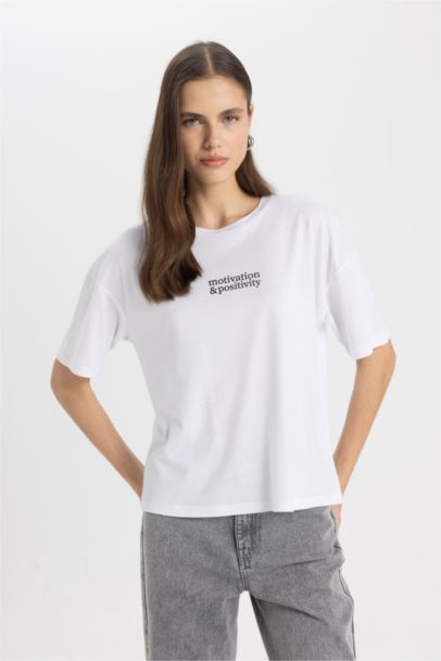 Relax Fit Crew Neck Slogan Printed T-Shirt