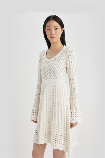 A-Line U-Neck Knitted Long Sleeve Mini Dress