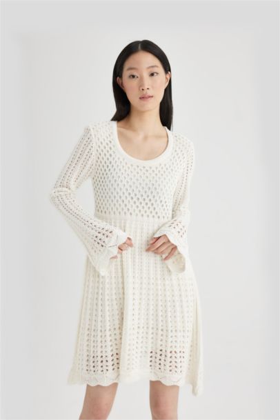 A-Line U-Neck Knitted Long Sleeve Mini Dress