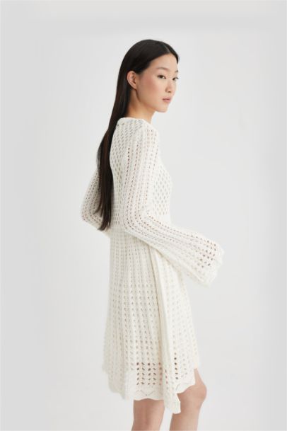 A-Line U-Neck Knitted Long Sleeve Mini Dress