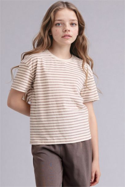Girl Relax Fit Crew Neck Striped School T-Shirt