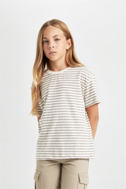 Girl Relax Fit Crew Neck Striped School T-Shirt