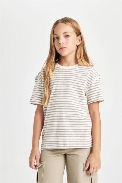 Girl Relax Fit Crew Neck Striped School T-Shirt