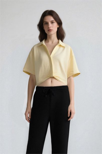 Cropped Fit Shirt Collar Linen Look Blouse