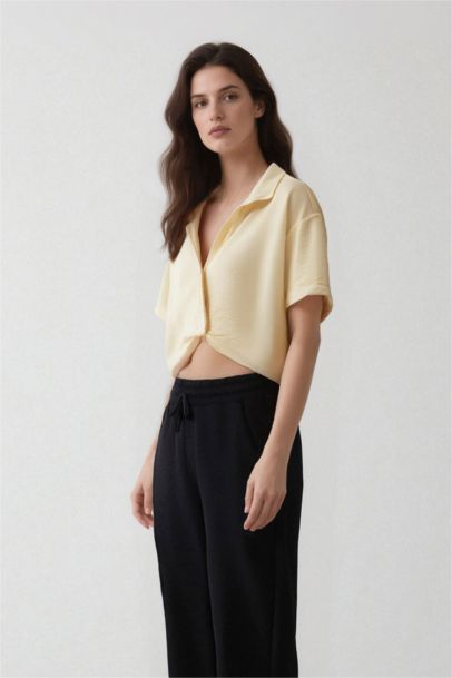 Cropped Fit Shirt Collar Linen Look Blouse