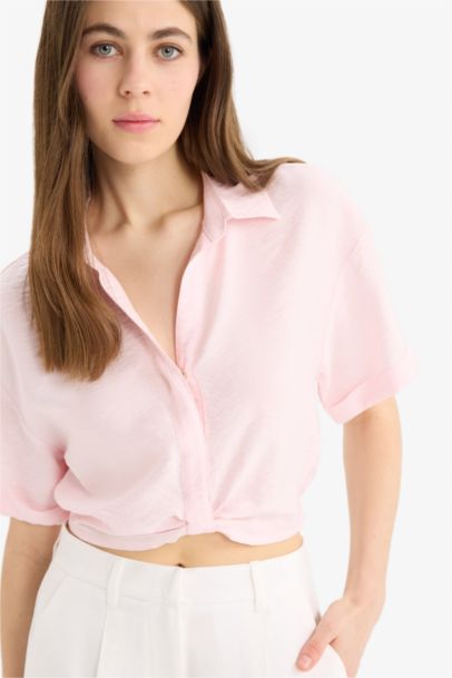 Shirt Collar Crop Linen Look Short Sleeve Blouse