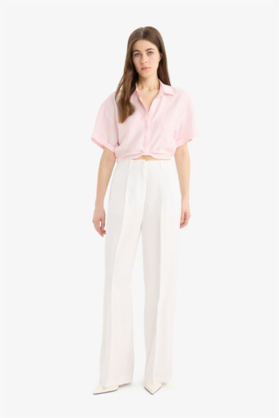 Shirt Collar Crop Linen Look Short Sleeve Blouse