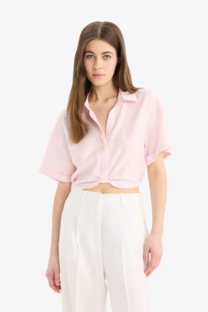 Shirt Collar Crop Linen Look Short Sleeve Blouse