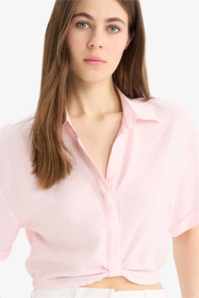 Shirt Collar Crop Linen Look Short Sleeve Blouse