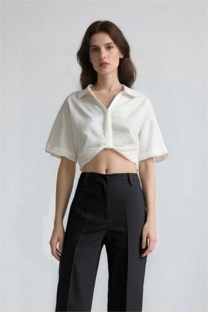 Cropped Fit Shirt Collar Linen Look Blouse