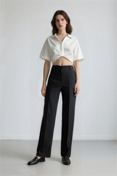 Cropped Fit Shirt Collar Linen Look Blouse