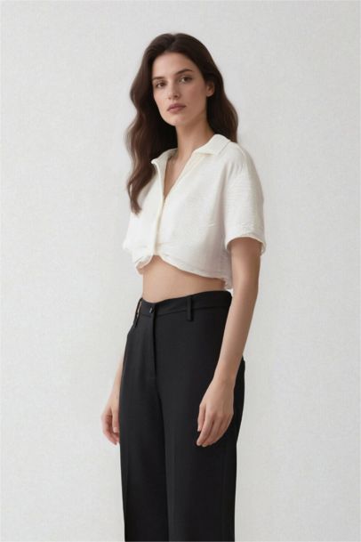 Cropped Fit Shirt Collar Linen Look Blouse