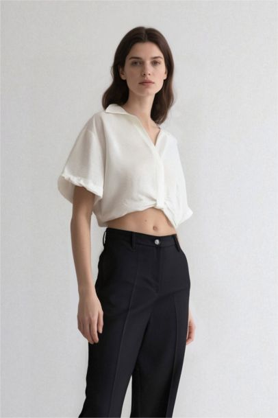 Cropped Fit Shirt Collar Linen Look Blouse