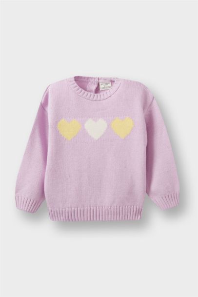 Bisiklet Yaka Kalp Desenli Triko Kazak Kız Bebek