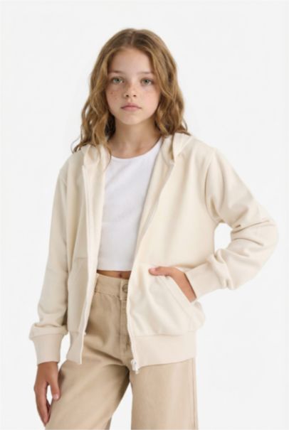 Basic Düz Kapüşonlu Okul Fermuarlı Sweatshirt Kız Çocuk