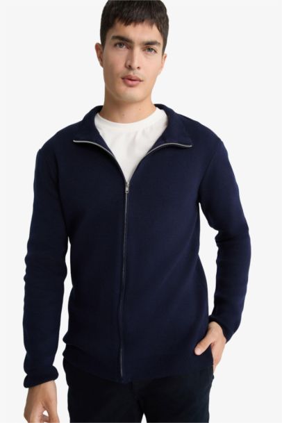 Cardigan bleu marine à col montant et fermeture zip Coupe standard